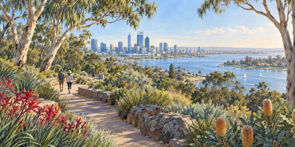 Painterly panorama from Kings Park across native gardens to the Swan River and Perth skyline.