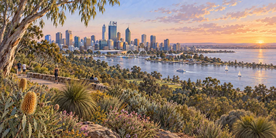 Painterly Perth panorama with Kings Park, the Swan River, Elizabeth Quay and the cultural precinct.