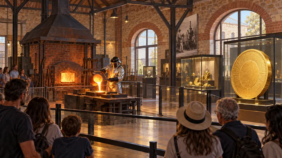 Editorial illustration of a guide demonstrating a live gold pour inside The Perth Mint's historic melting house.